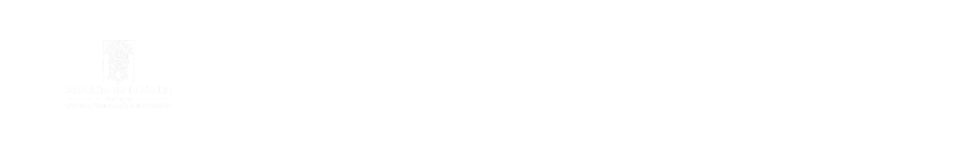 Logos en blanco de la Alcaldía de Medellín, Cámara de Comercio, Comfama y Sura, que son aliados de Escuela de Verano 2025