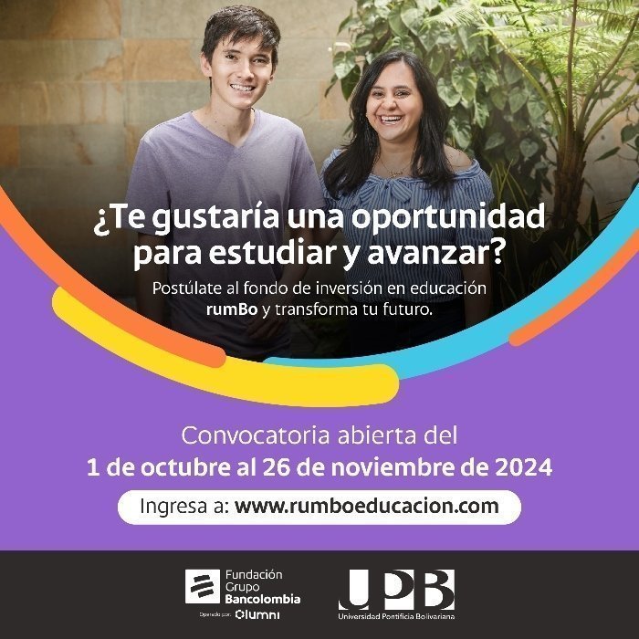 Jóvenes ubicados al lado de textos que describen el beneficio de una Beca entre Bancolombia y la UPB