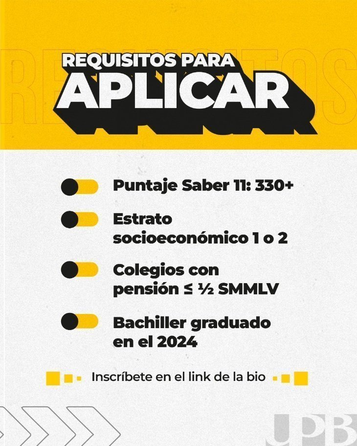 Imagen con los requisitos para aplicar a la Beca Cavipetrol-UPB. Se especifica que los aspirantes deben tener un puntaje Saber 11 de 330 o más, pertenecer a estrato socioeconómico 1 o 2, haber estudiado en colegios con pensión menor o igual a ½ SMMLV 