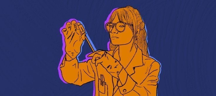 Ilustración en color naranja de una mujer utilizando instrumentos científicos, fondo azul