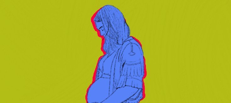 Ilustración en color azul de una mujer embarazada, fondo verde